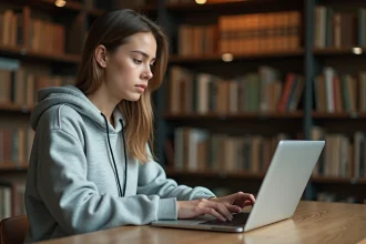Étudiante se connectant à l'ENT de son université sur un ordinateur portable dans une bibliothèque universitaire