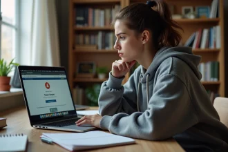 Étudiante frustrée face à une erreur de connexion sur l'ENT universitaire depuis son ordinateur portable en résidence étudiante
