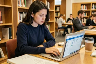 Étudiante de NEOMA Business School consultant la plateforme Neomagora sur son ordinateur portable dans une bibliothèque universitaire moderne