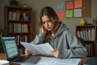 Étudiante consultant son emploi du temps UPVD sur ordinateur portable avec des plannings imprimés sur un bureau encombré