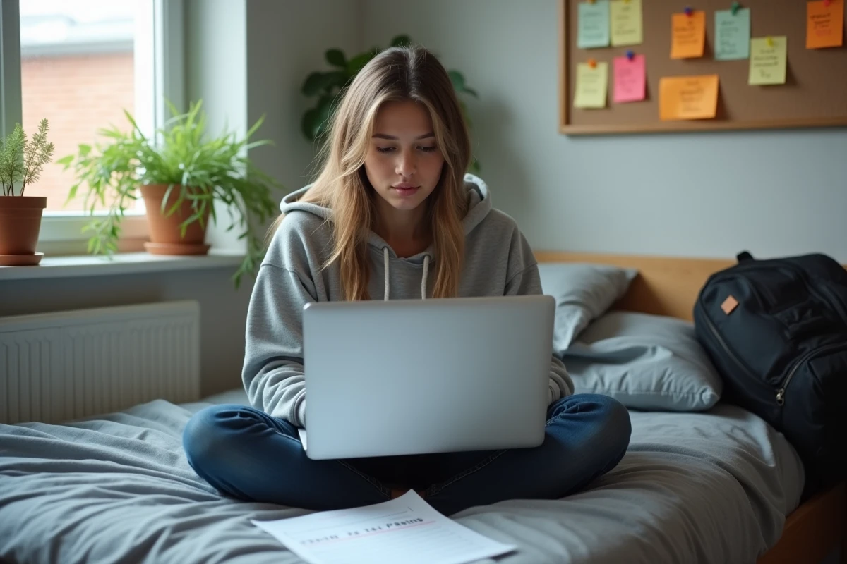 Étudiante révisant les verbes irréguliers du conditionnel présent espagnol sur ordinateur portable dans une chambre universitaire