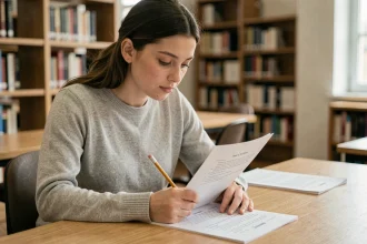 Jeune femme concentrée qui révise un exemple de test TOEIC avec un crayon à la main dans une bibliothèque universitaire
