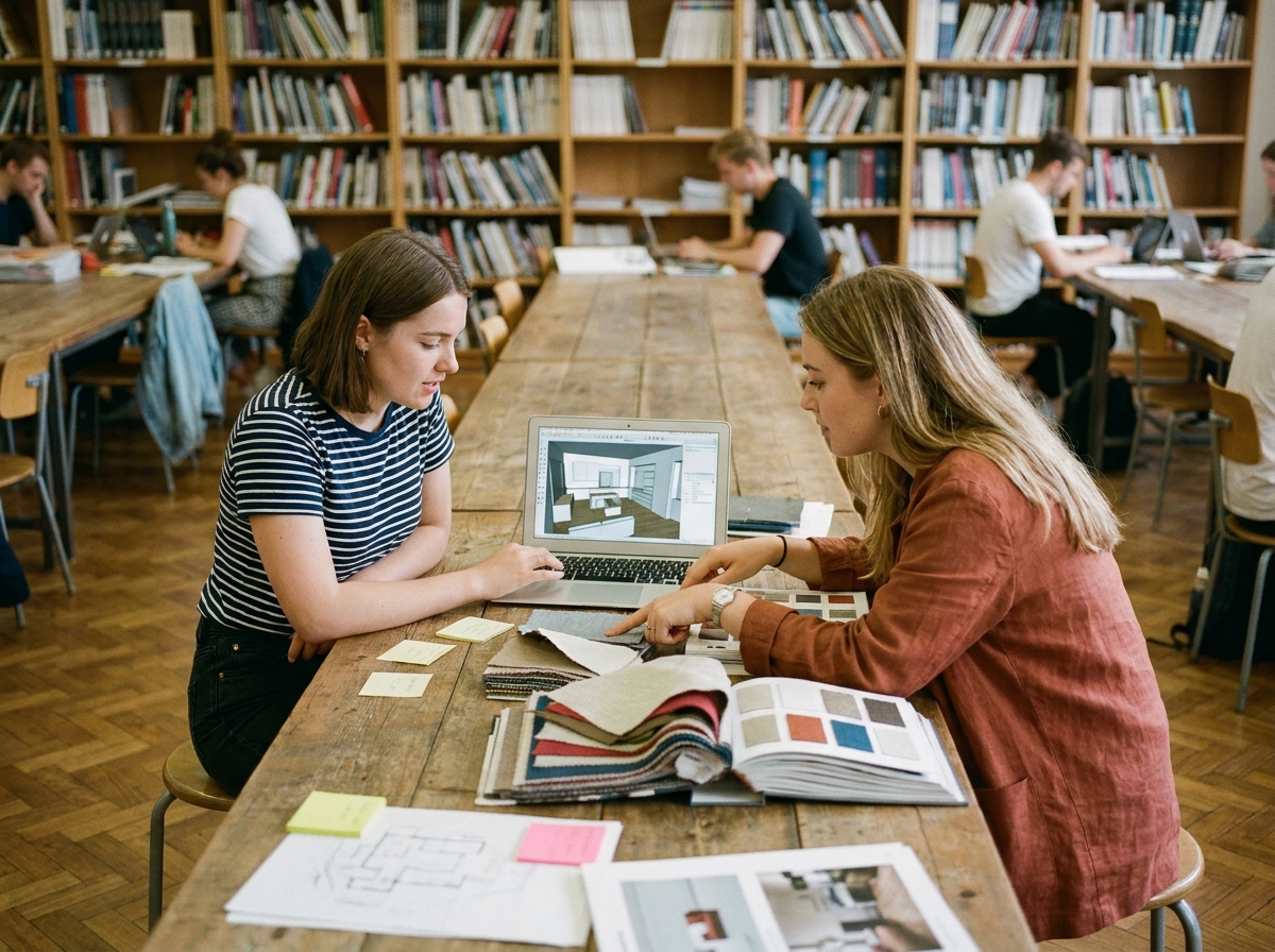 Deux étudiantes en architecture d'intérieur collaborant sur un logiciel de design dans une bibliothèque universitaire