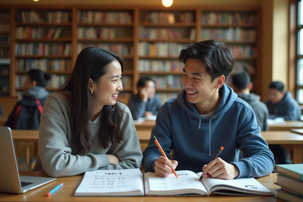 Deux étudiants comparant des notes en japonais et en chinois dans une bibliothèque universitaire