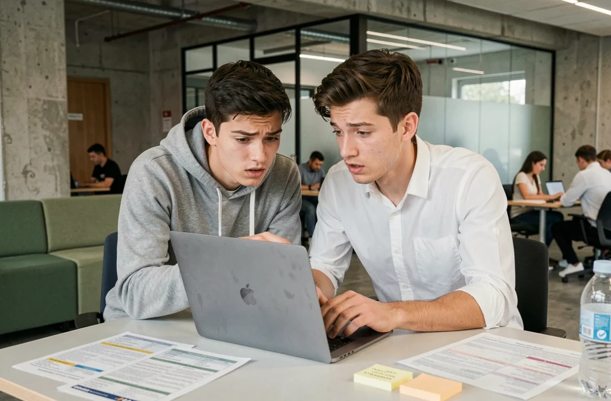 Deux étudiants de NEOMA discutant de la gestion de leur parcours académique sur Neomagora dans un espace de travail collaboratif