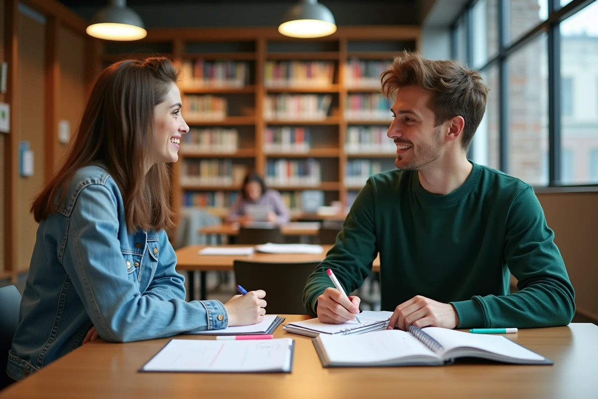 Deux étudiants organisant leurs plannings UPVD ensemble à une table de bibliothèque universitaire