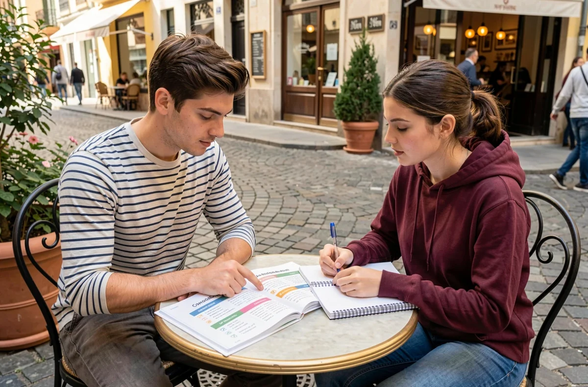 Deux étudiants révisant les temps du passé espagnol avec un cahier d'exercices en terrasse de café