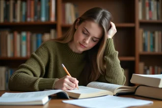 Jeune femme étudiant la déclinaison allemande avec un manuel ouvert et des notes manuscrites dans une bibliothèque universitaire
