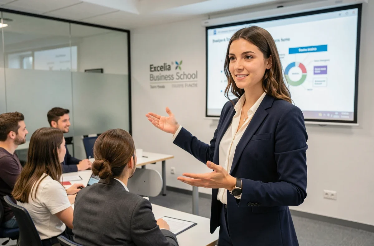 Étudiante présentant un exposé dans une salle de séminaire moderne d'Excelia Business School à Tours