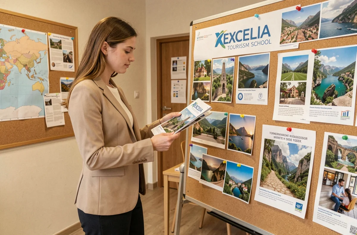 Étudiante consultant des brochures touristiques à l'Excelia Tourism School de Tours