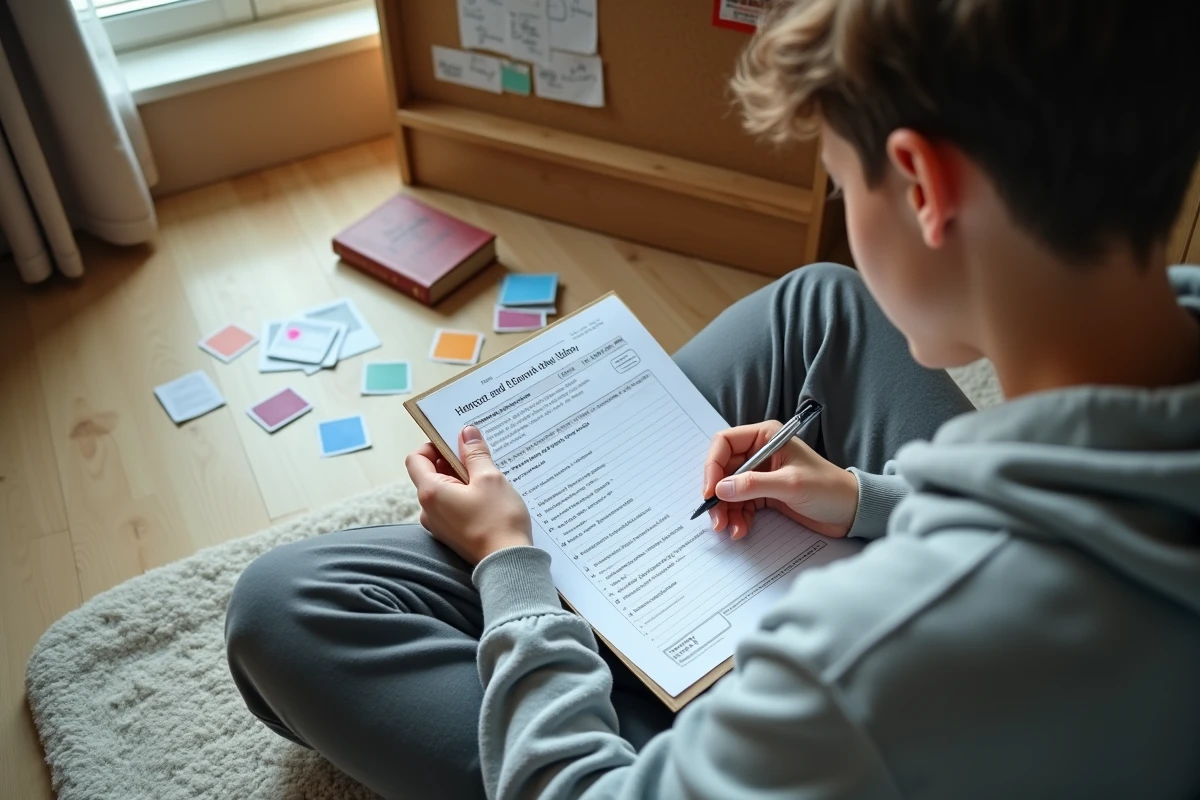 Adolescent révisant des exercices de déclinaison allemande avec des fiches et un dictionnaire sur le sol de sa chambre
