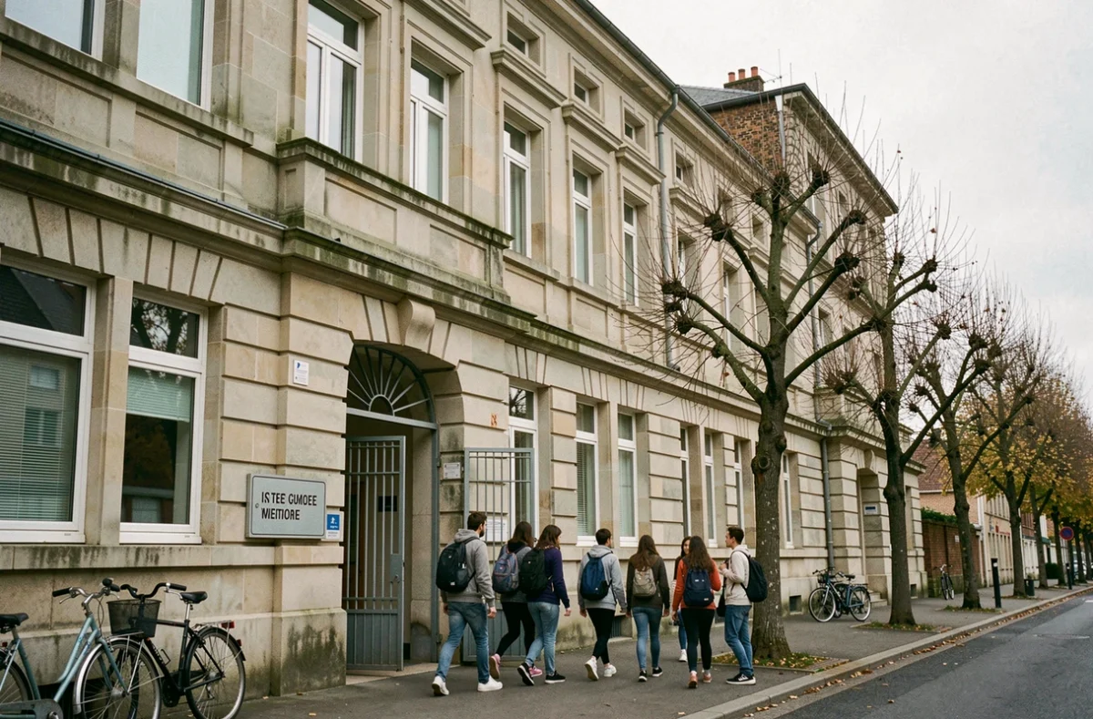 Façade extérieure du lycée Jean Moulin à Vincennes avec des élèves à l'entrée