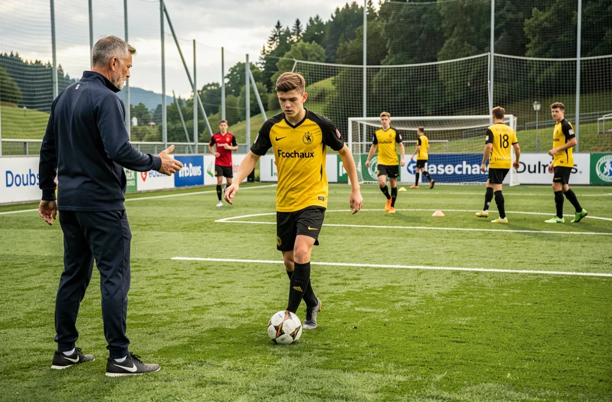 Un jeune joueur du centre de formation du FC Sochaux s'entraînant sous les yeux de son entraîneur sur le terrain d'entraînement