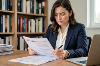 Femme d'affaires analysant les tarifs d'un abonnement magazine avant de signer, assise à un bureau en bois dans un bureau à domicile moderne