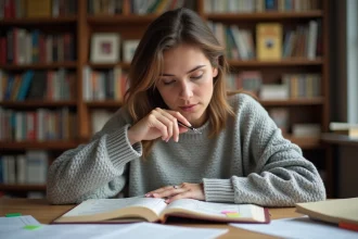 Femme annotant un texte avec des mots connecteurs variés dans un bureau entouré de livres et de dictionnaires