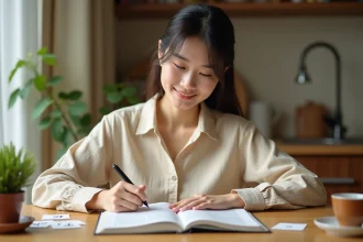Femme étudiant le japonais avec des fiches de révision et un manuel ouvert sur une table en bois