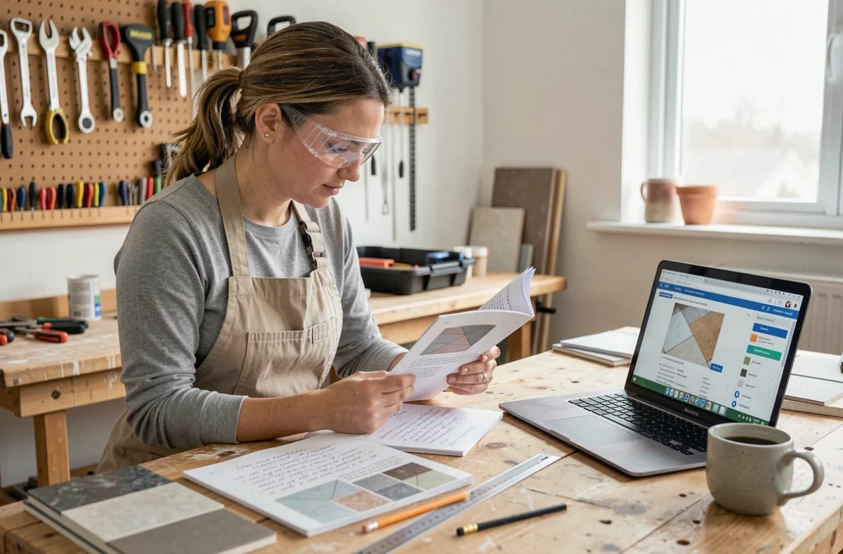 Femme auto-entrepreneur étudiant une formation en ligne sur la pose de carrelage dans son atelier