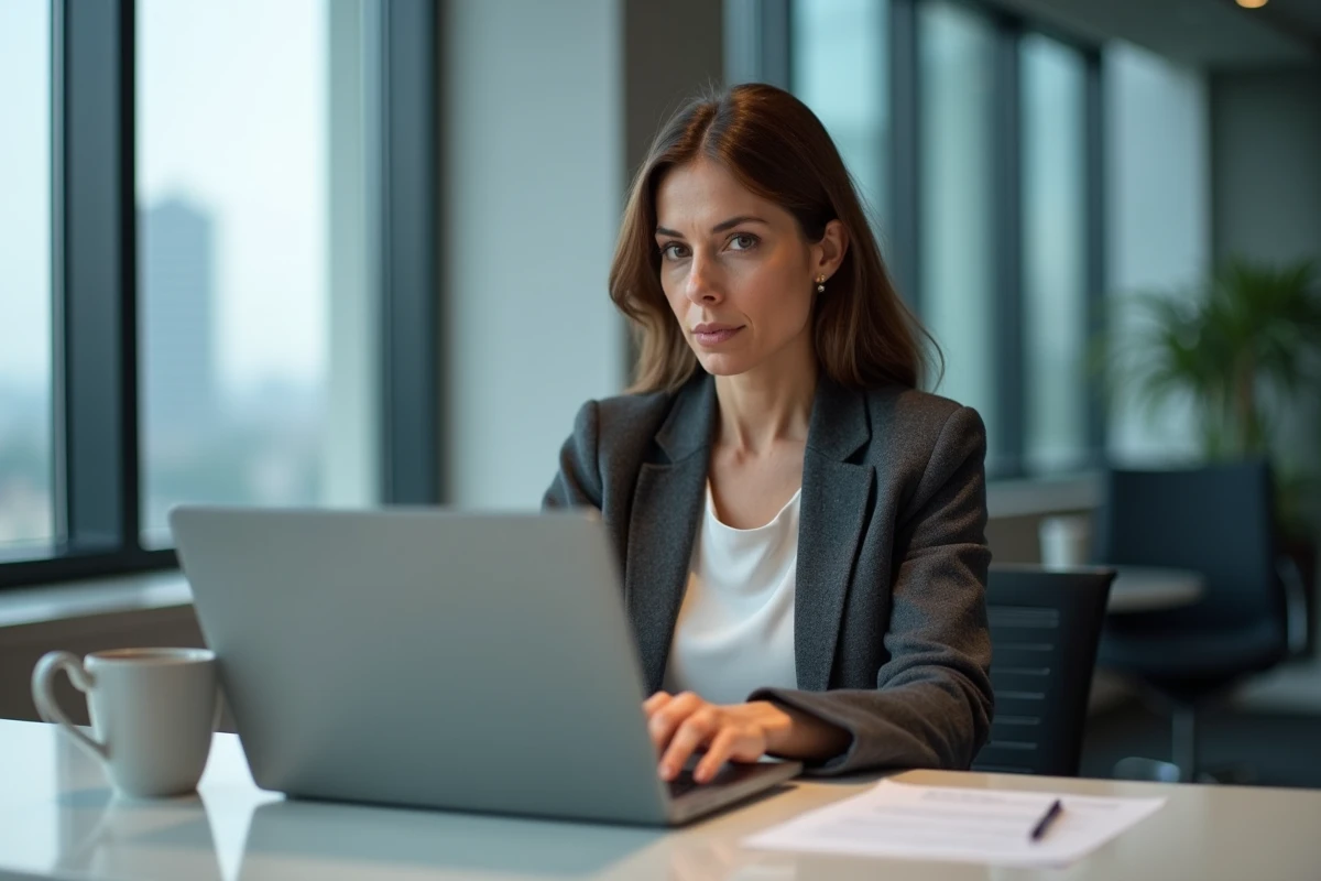 Femme en blazer rédigeant une lettre de motivation administrative sur ordinateur portable dans un bureau d'entreprise