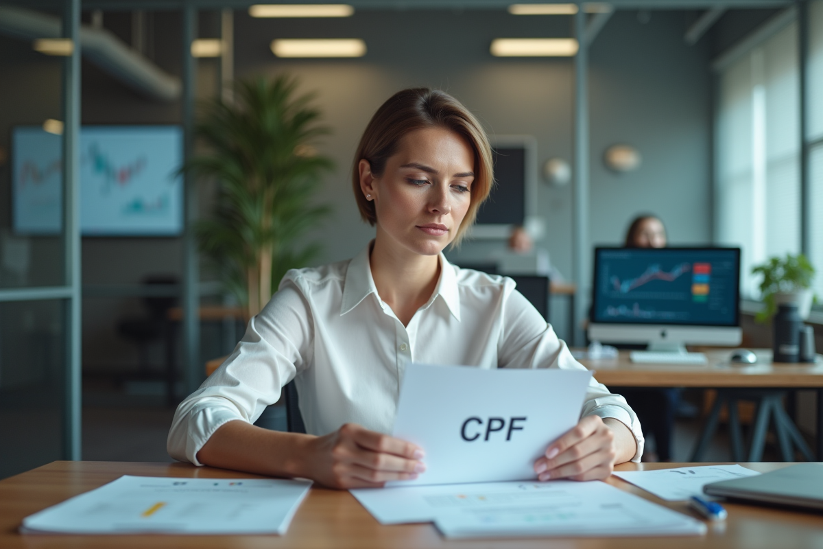 Femme d'affaires examinant des documents CPF au bureau