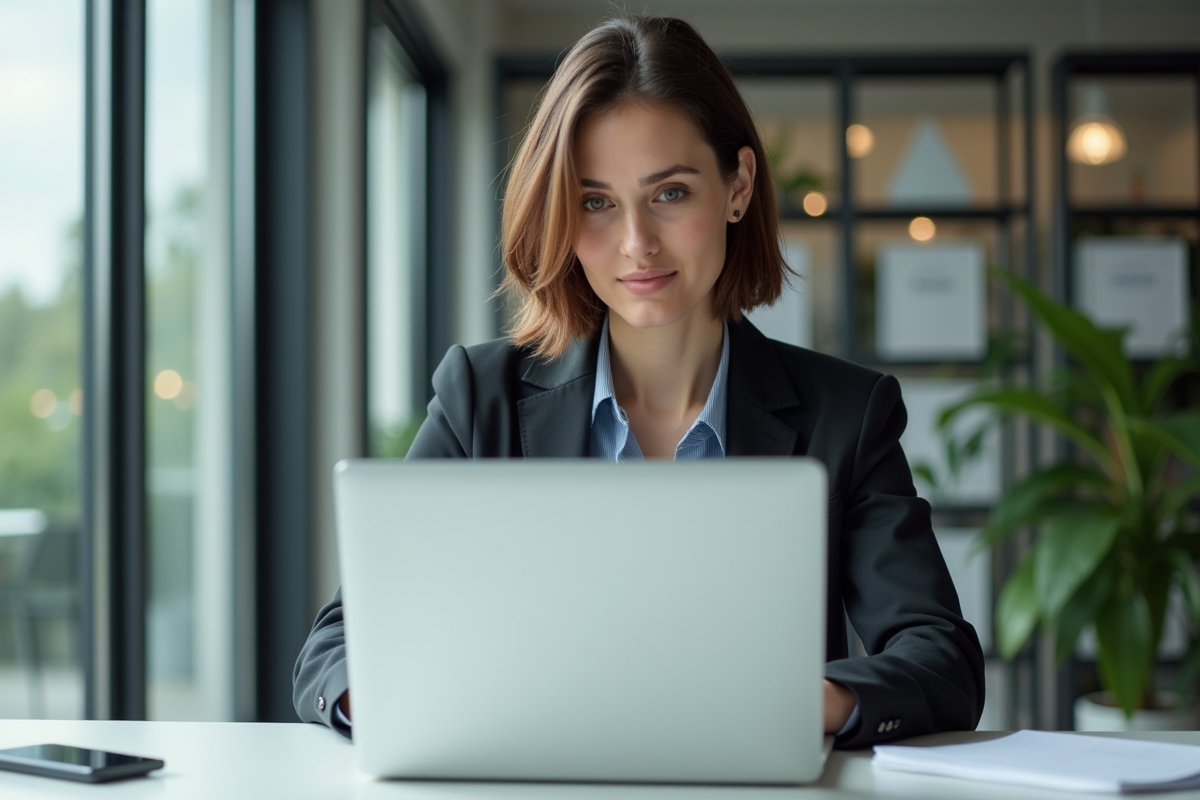 Femme professionnelle remplissant des formulaires en ligne au bureau