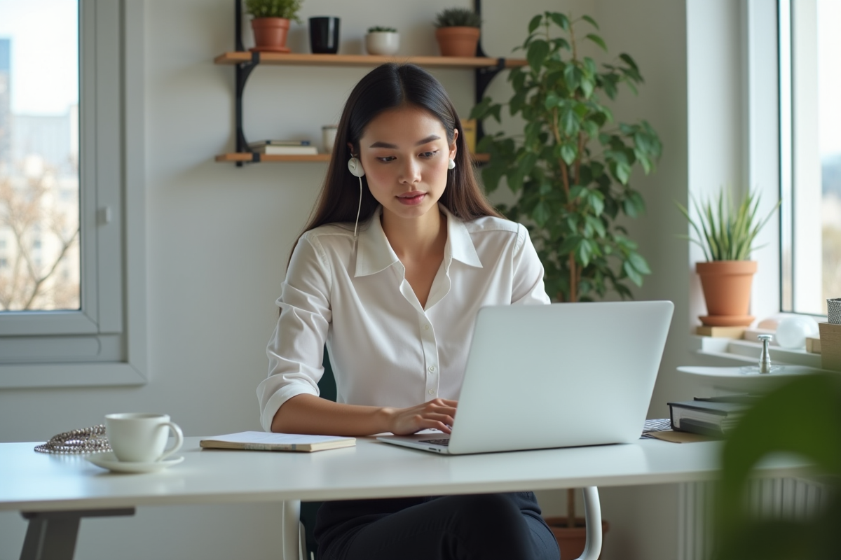 Femme en télétravail dans un bureau moderne et lumineux