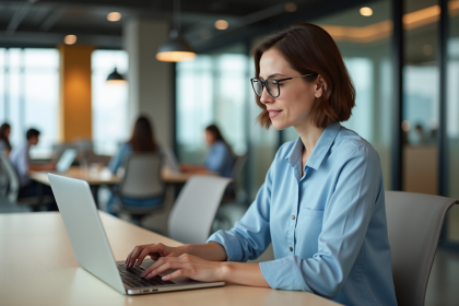 Femme au bureau moderne travaillant sur un ordinateur portable