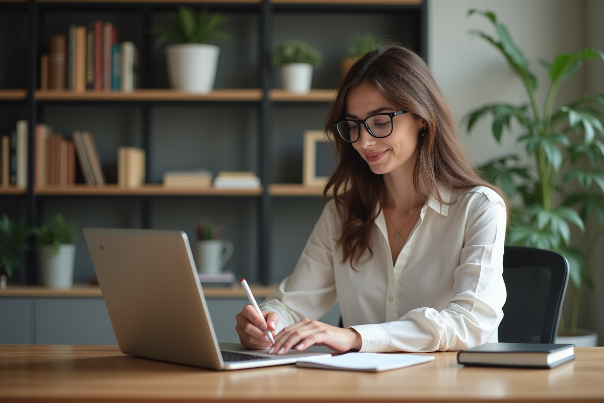 Femme en bureau moderne prenant des notes numériques