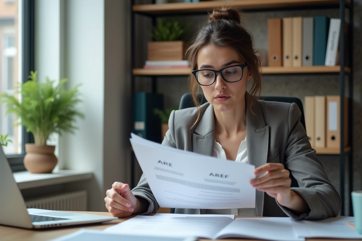 Femme professionnelle compare deux papiers officiels dans un bureau