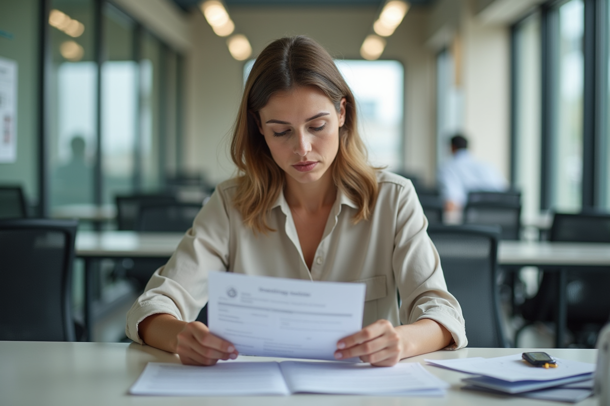 Femme d'affaires au bureau avec documents et badge
