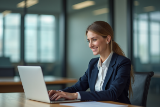 Femme en costume de bureau travaillant sur un ordinateur