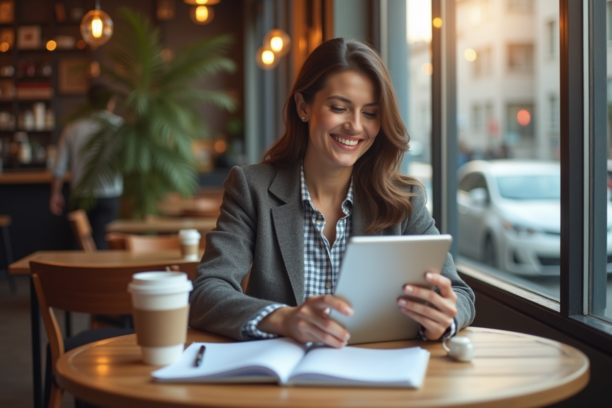 Femme confiante utilisant une tablette dans un café ensoleille