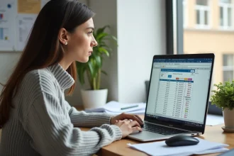Femme travaillant sur un tableau Excel de calcul de notes avec coefficients sur un ordinateur portable dans un bureau à domicile