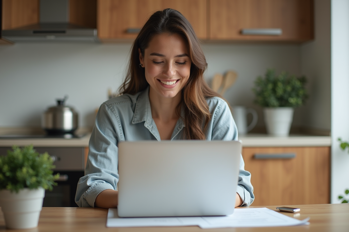 Femme souriante remplissant un formulaire sur un ordinateur dans la cuisine