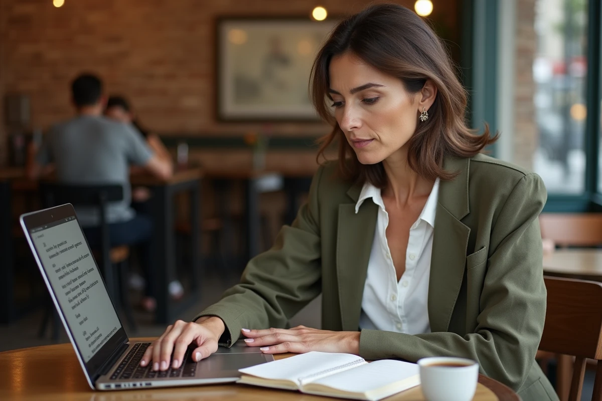 Femme consultant des listes de mots connecteurs dans un carnet tout en rédigeant un texte sur son ordinateur dans un café