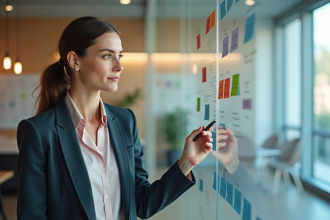 Femme en blazer analysant une carte mentale dans un bureau moderne