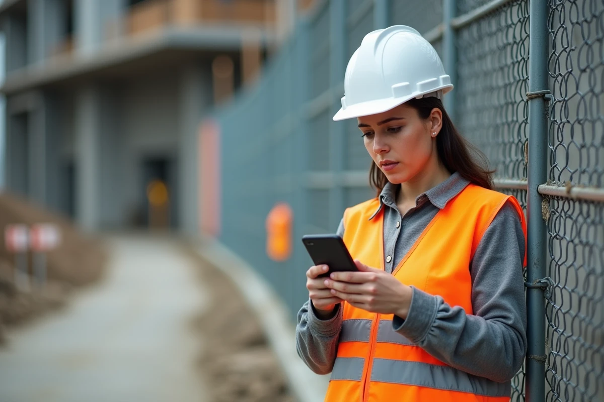 Femme en équipement de sécurité BTP consultant une formation sur son smartphone devant un chantier
