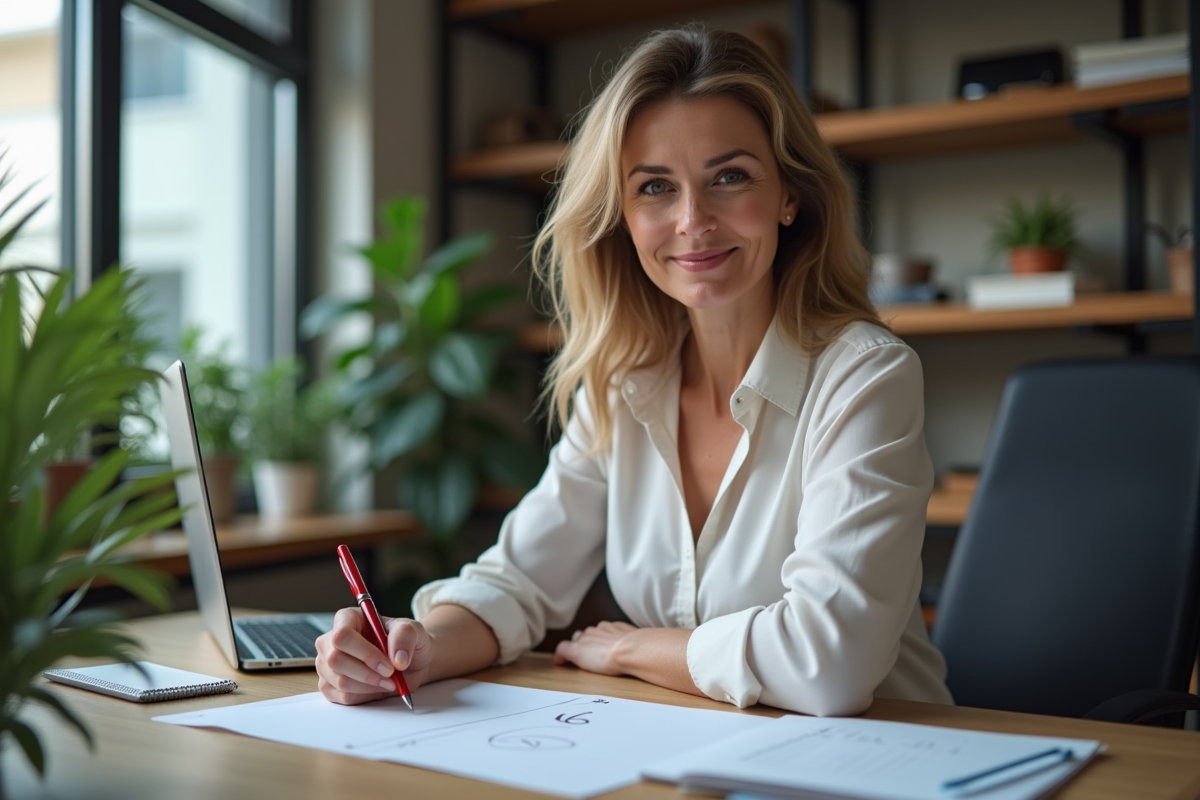 Femme corrigeant un devoir avec le chiffre 16 en rouge