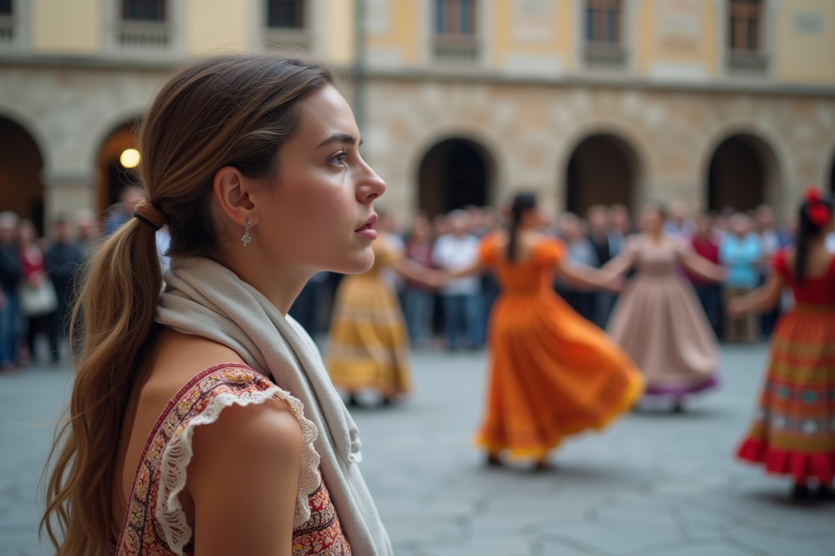 Jeune femme observant une danse folklorique en plein air
