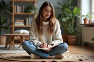 Femme écrivant dans un journal dans un salon cosy