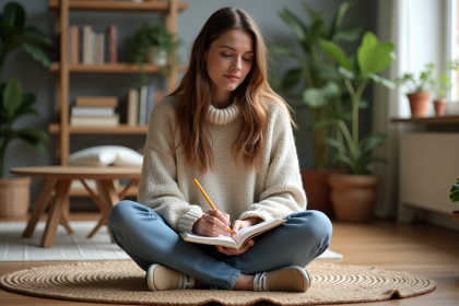 Femme écrivant dans un journal dans un salon cosy