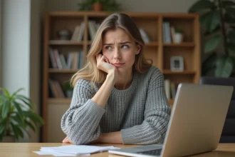 Jeune femme frustrée devant son ordinateur portable essayant de récupérer son identifiant ENT oublié
