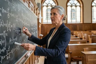 Professeure de mathématiques devant un tableau couvert d'équations dans un amphithéâtre universitaire, symbole des femmes en mathématiques