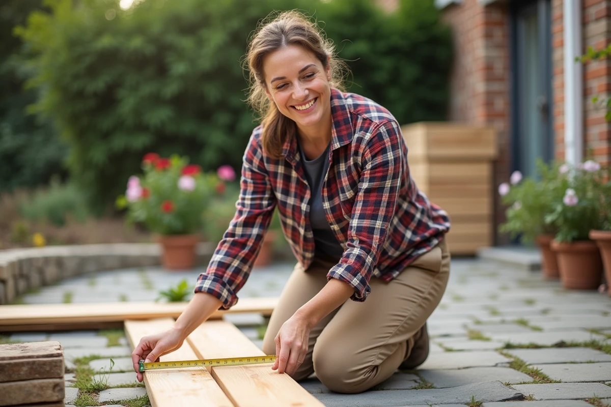 Femme souriante mesure une planche de bois dans un jardin ensoleille