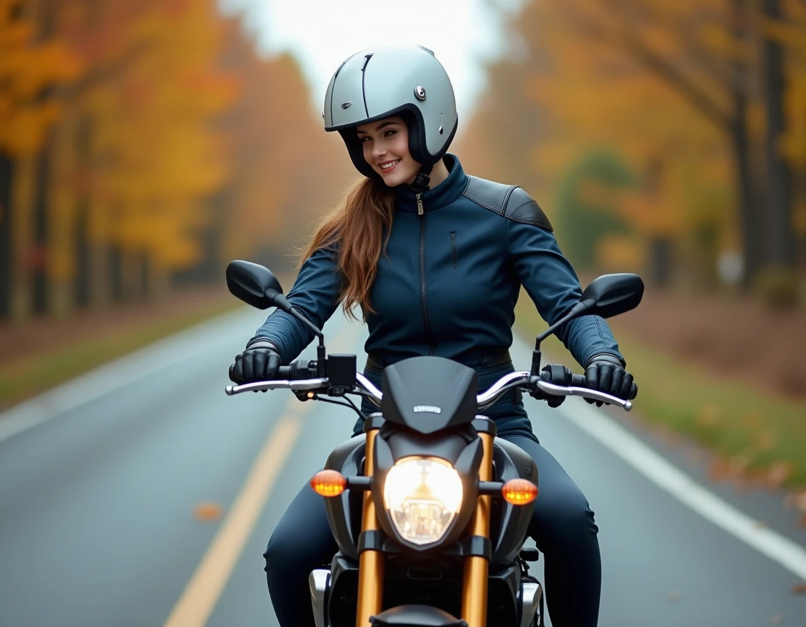Jeune femme motarde assise sur une moto A2 sur une route de campagne en automne