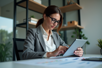 Femme concentrée examinant un flowchart sur tablette dans un bureau moderne
