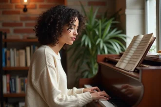 Femme jouant du piano et chantant dans un salon chaleureux, apprenant à accompagner sa voix au clavier