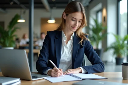 Femme professionnelle en bureau moderne avec ordinateur et notes