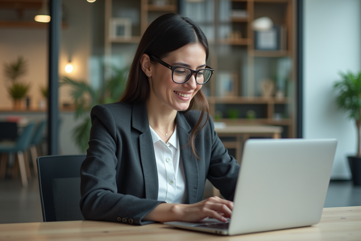 Femme professionnelle en bureau moderne travaillant sur son ordinateur
