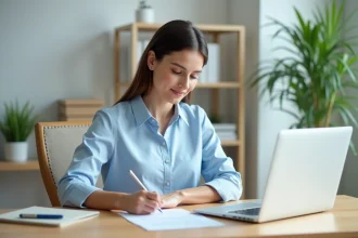 Femme rédigeant une lettre de motivation pour un poste administratif à son bureau à domicile