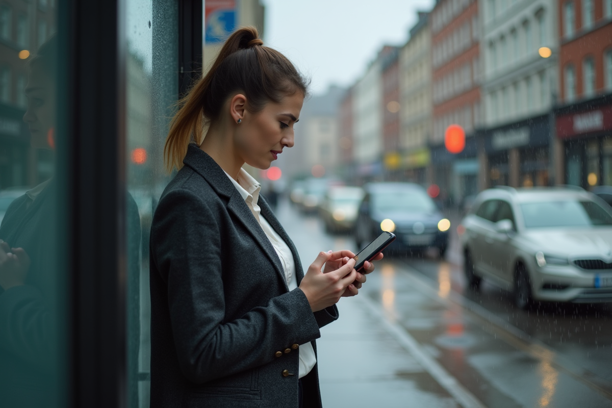 Femme lisant un email de rejet devant un arrêt de bus